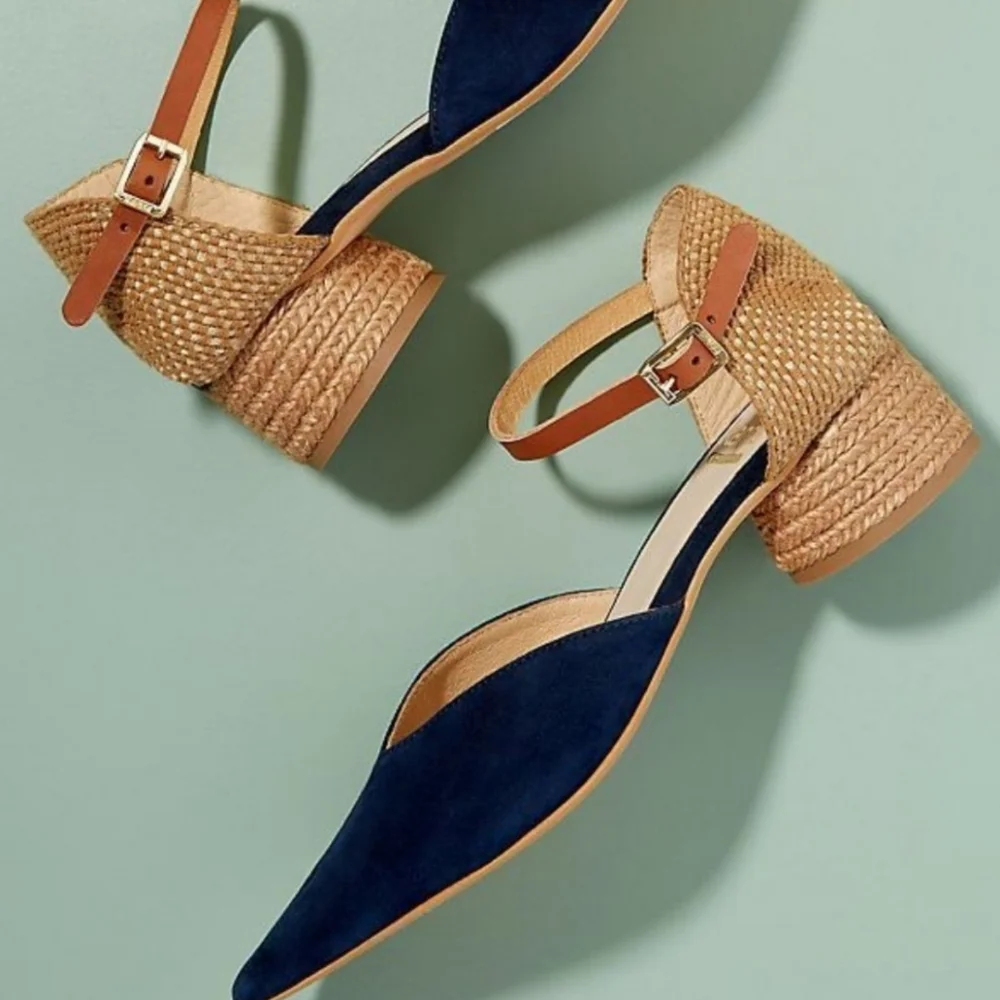 KANNA Jini‎ Raffia Trimmed Navy Suede Heels Eur 37, US 6.5-7